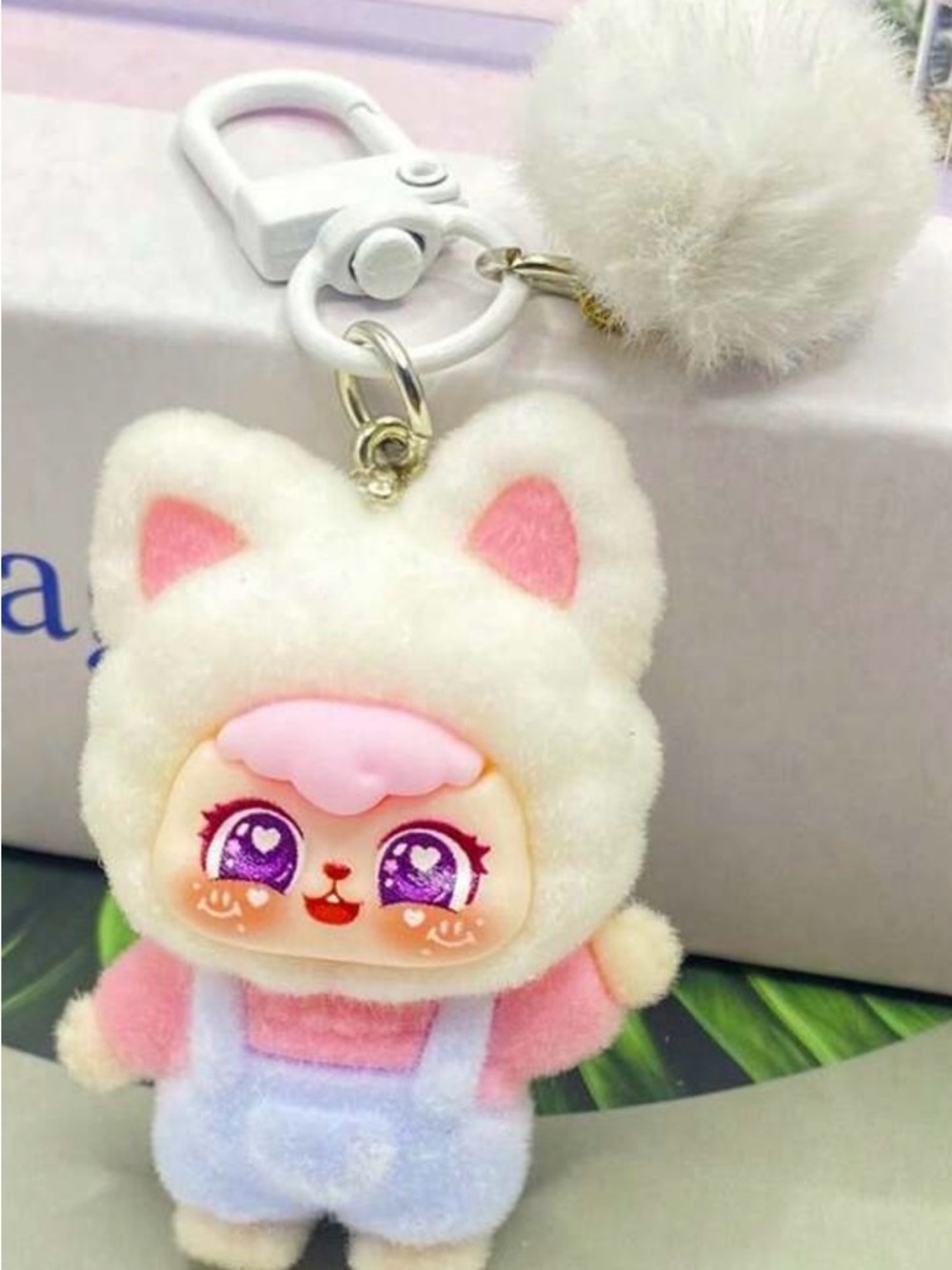 Plush Kitty Pom Keychain - Pink & Cream